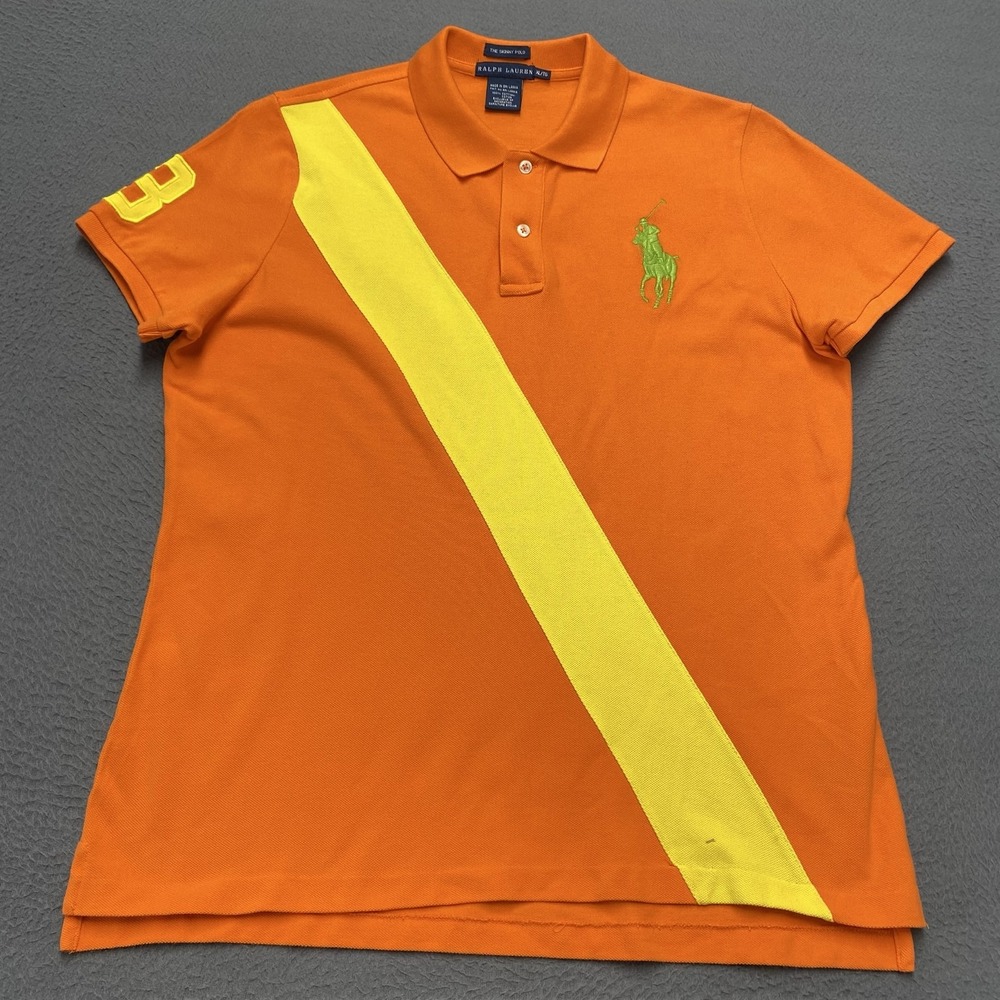 Ralph Lauren Polo Shirt Womens XL Orange Yellow Big Pony Stripe 3 Patch Skinny